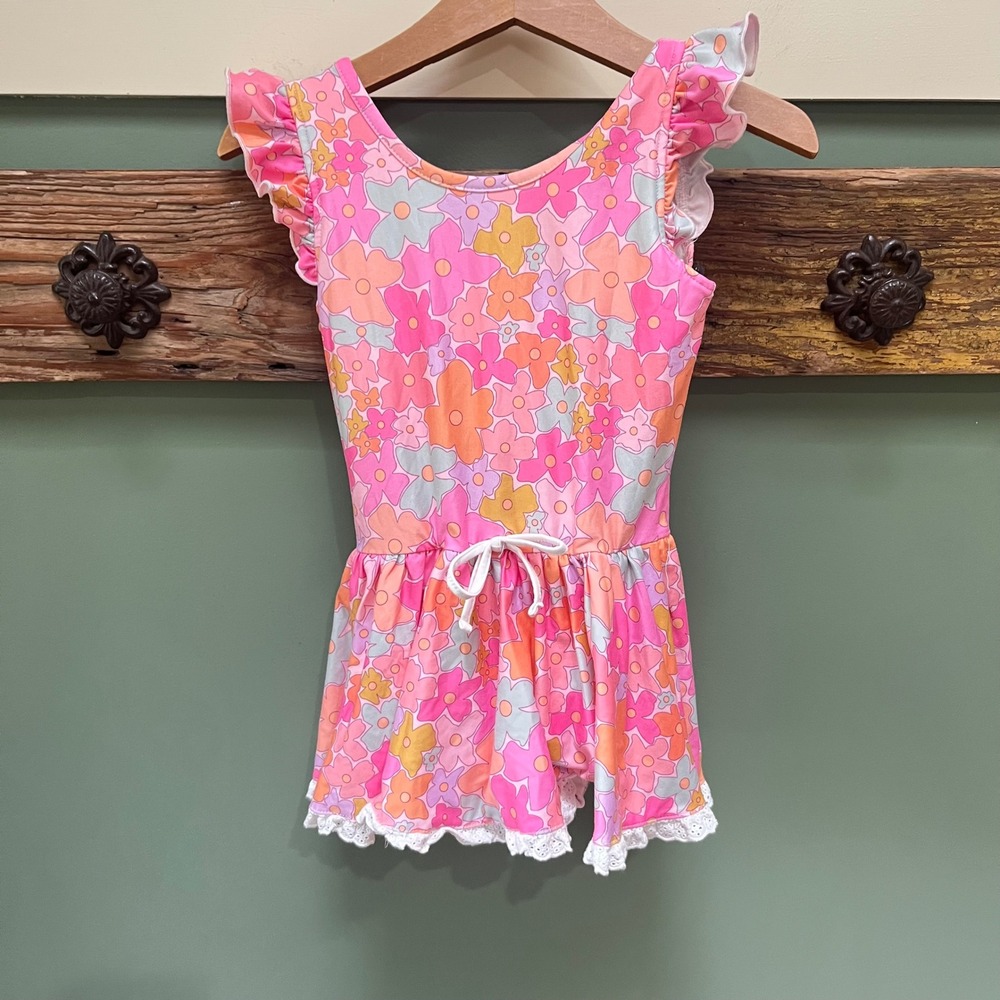 Cheeky Plum Girls Pink Floral Ruffle Swim Dress One Piece Swimsuit Size 6Y